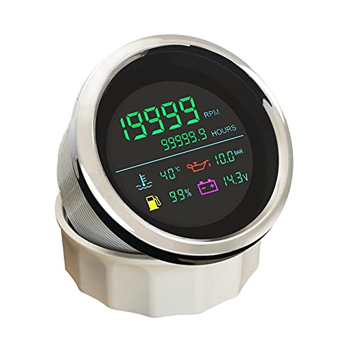 ELING 6 in 1 Adjustable Car Gauge Set Tachometer Fuel Level Gauge Water Temp Oil Pressure Hourmeter Voltmeter 12V 24V 85mm for Boat Auto Snowmobile Motor (Black+Stainless) - color: Black+Stainless Steel