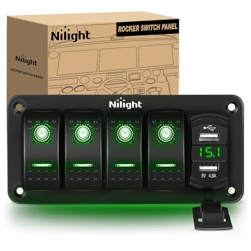 Nilight 4 Gang Rocker Switch Panel with Dual USB Socket Voltmeter - color: Green, size: 5 Gang Dual USB