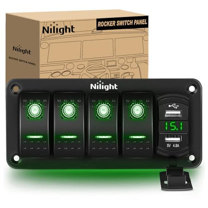 Nilight 4 Gang Rocker Switch Panel with Dual USB Socket Voltmeter - color: Green, size: 5 Gang Dual USB