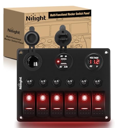 Nilight 6 Gang Rocker Switch Panel On Off with Resettable Circuit Breaker - color: Red