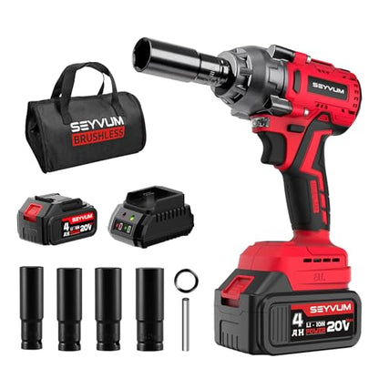 SEYVUM Impact Wrench,1/2" Impact Gun, Power Impact Driver Max Torque 320 Ft-lbs (430N.m), Cordless Impact Wrench with 20V Brushless Motor, 4.0Ah Li-ion Battery with Fast Charger, 4 Pcs Impact Sockets - style: 430 N.m