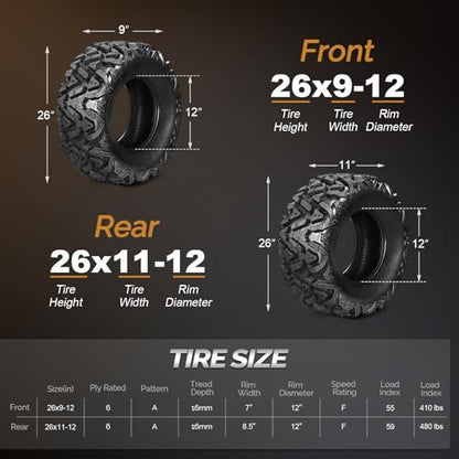 TUFFIOM 26x9-12&26x11-12 Set of 4 for All Terrains, Mud Sand Off-road ATV UTV Tire for Trail Vehicles, 6 PR, Deep Tread, Tubeless - size: 26x9-12&26x11-12(4 pack)