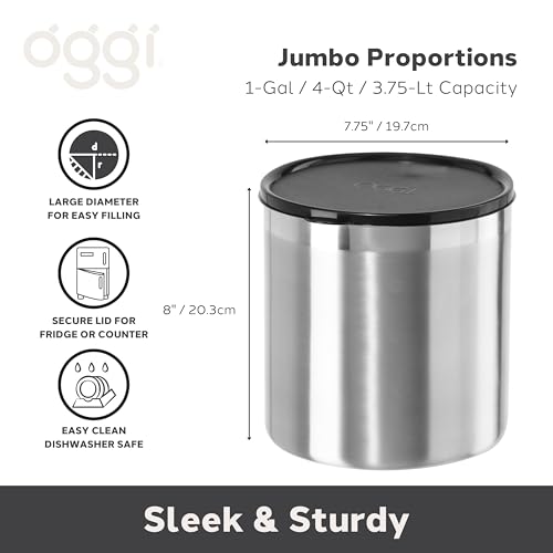 Oggi Stainless Steel Jumbo Grease Container with Removable Strainer and Snug Lid. Perfect container for fryer oil, bacon drippings, lard and ghee oil. Large capacity can - 1 Gall / 4 Qt / 3.75 Lt - size: 4 Quarts