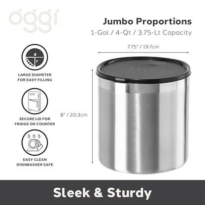 Oggi Stainless Steel Jumbo Grease Container with Removable Strainer and Snug Lid. Perfect container for fryer oil, bacon drippings, lard and ghee oil. Large capacity can - 1 Gall / 4 Qt / 3.75 Lt - size: 4 Quarts