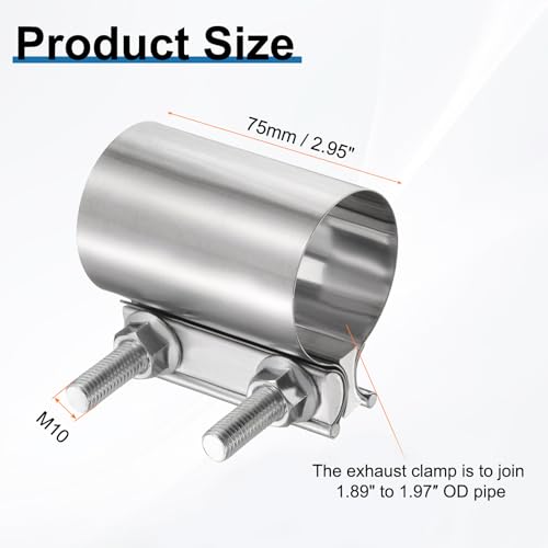 HARFINGTON Exhaust Clamp 1.97" Stainless Steel Lap Joint Band Clamp Exhaust Pipes Connection with M10x55 Screws for Car Muffler Elbow Pipes - size: 1.97 inch
