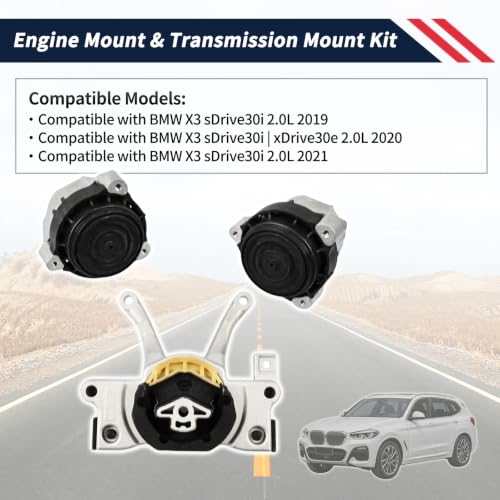 Engine Motor Mount & Transmission Mount Kit 3Pcs Compatible with BMW X3 sDrive30i xDrive30e 2019 2020 2021 2.0L G01 Trans Support Mount Bracket Replace 22326862577 22116877659 22116877660 - size: 3Pcs