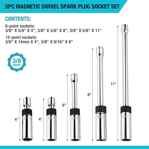 DURATECH 5PCS Swivel Magnetic Spark Plug Socket Set, 3/8" Drive spark plugs - size: 5PC (5/8", 9/16", 0.551")