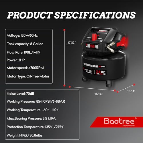 8 Gallon Portable Air Compressor, 2HP Motor 2.8SCFM@90 PSI,3.8SCFM@40PSl Max 150PSI Oil Free Air Compressor Tank, Garage Air Compressors for Car Repair, Spray Painting, Woodwork Nailing