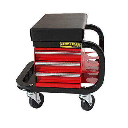 Tool Box Built-in Creeper Seat, Garage Shop Roller Seat, 3 Drawers Heavy Duty Tool Chest with 4 Rolling Casters-350 Lbs Capacity