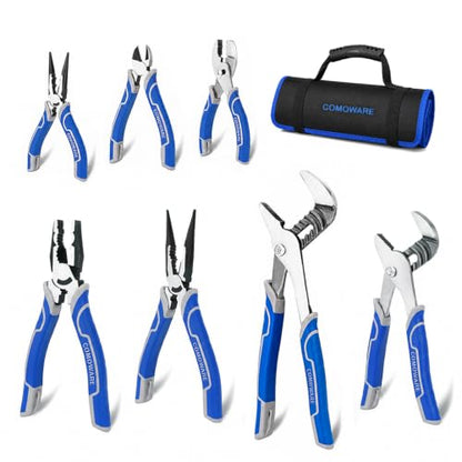 COMOWARE 7Pcs Pliers Set, Mechanic Plier with Rolling Pouch, 10", 8" Groove Joint Pliers, 8" Adjustable Wrench, 8" Linesman, 6" Long Needle Nose, 6" Slip Joint, 6" Diagonal, Roll-Up Pouch Organizer - style: 7 Pcs