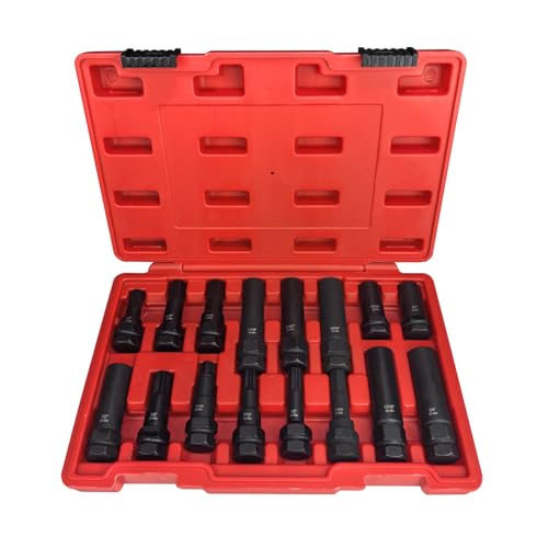 16pc Locking Lug Nut Master Key Set, SAE & Metric Wheel Lock Removal Kit for Removing Locking Spline Star Hex and Fluted Hex Lug Nuts, Lug Nut Remover Set for Mechanics and More