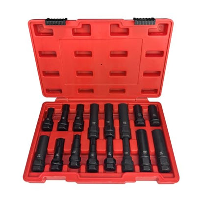 16pc Locking Lug Nut Master Key Set, SAE & Metric Wheel Lock Removal Kit for Removing Locking Spline Star Hex and Fluted Hex Lug Nuts, Lug Nut Remover Set for Mechanics and More