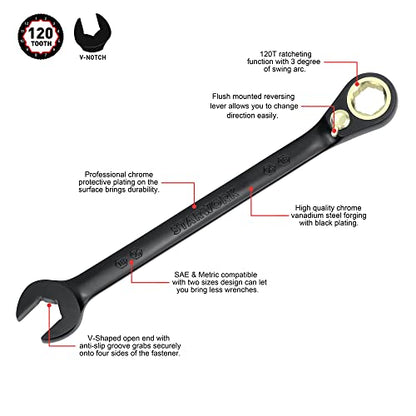 STARWORK TRUE MECHANIC™ 12-Piece 2-in-1 Reversible Ratcheting Wrench Set with Rolling Pouch, 120-Tooth, SAE&Metric - size: 12-Piece 120-Tooth