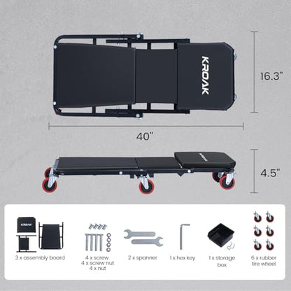 KROAK Creeper, 40 Inches 2 in 1 Z Creeper Seat 330 lbs Capacity Garage Chair Adjustable Rolling Folding Car Creeper with 6 pcs Wheels,Lay Down or Sit for Garage, Shop, Auto Repair Black - size: 40" 2 in 1