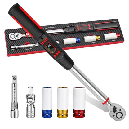 1/2" Digital Torque Wrench Set 6Pcs, 14.7-295Ft-lb(20-400Nm) ±2% Acc, Triple Vib/Beep/LED Alert, 5 Units, Torque Preset, Non-Marring Sockets, Ext Bar, Hard Case, Car Truck RV Tire Suspension Tool