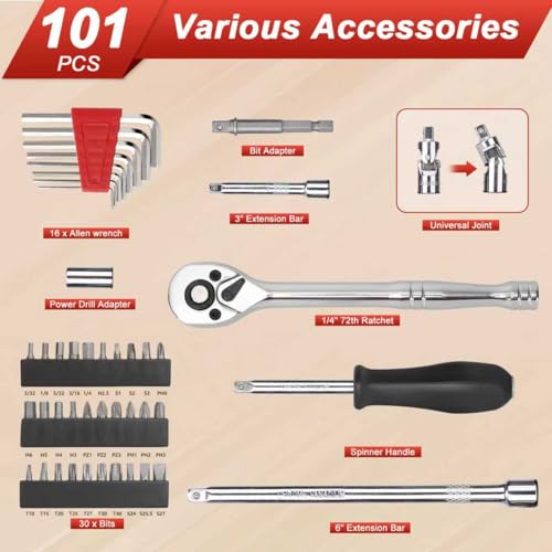 Egofine 1/4”Drive Socket Ratchet Wrench Set,101 PCS Metric(4-14mm),SAE(5/32-9/16”),with 72-Teeth Ratchet Wrench,Bit Socket Set,Extension Bar,Allen wrench for Auto Repair and Household - color: Red, size: 1/4" 101 PCS with 72 Teeth Ratchet