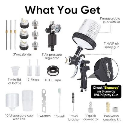 BlumWay HVLP Air Spray Gun Kit, 1.4/1.7/2mm Nozzles, 10 Pcs Disposable Cups