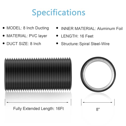 Hon&Guan 8 inch 16 FT Long Air Ducting, Heavy-Duty Four-Layer Protection Dryer Vent Hose for Heating Cooling Ventilation and Exhaust-with 2 Clamps, Black - size: 8 x 16 FT