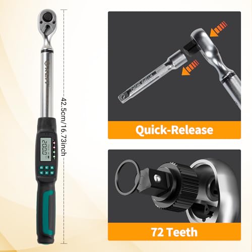 1/2" Digital Torque Wrench 4.4-147.5 ft-lb/6-200 Nm, ±2% Accuracy, LED & Buzzer Alerts, 4 Units, Industrial CR-V Steel, Calibration Report & Protective Case for Car, Motorcycle, Bike Repair - size: 1/2", 4.4-147.5 ft-lb (6-200 Nm)