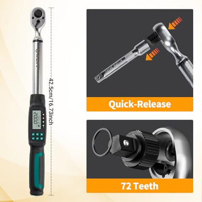 1/2" Digital Torque Wrench 4.4-147.5 ft-lb/6-200 Nm, ±2% Accuracy, LED & Buzzer Alerts, 4 Units, Industrial CR-V Steel, Calibration Report & Protective Case for Car, Motorcycle, Bike Repair - size: 1/2", 4.4-147.5 ft-lb (6-200 Nm)