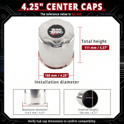 RTrhinotuning 4 PCS 4.25 in Stainless Steel Trailer Wheel Center Caps for Truck SUV RV Rim Center Caps 4.37“ Tall Chrome Push Through Hub Covers - color: Chrome