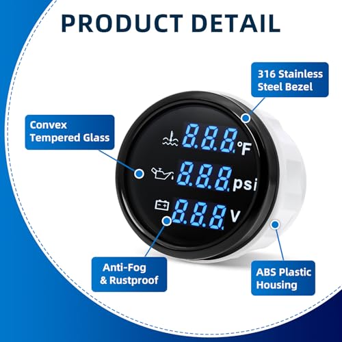 MH Triple Gauge Set - Water Temp (104°F-248°F), Oil Pressure (0-145PSI), Voltmeter (9-32V), Blue Backlight AUTO Gauge with Sensors 2" 52mm 3-in-1 Boat Marine Meter Kit (Black) - color: Black