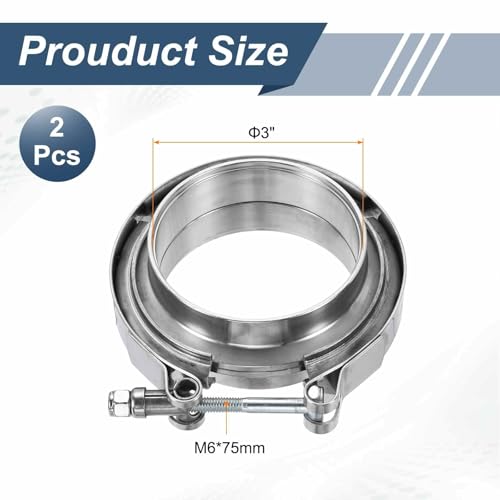 HARFINGTON 2pcs V Band Clamp with Flange 3 Inch 304 Stainless Steel Male Female V-Band Exhaust Clamp Flange Kit for Auto, Silver - size: 3 Inch