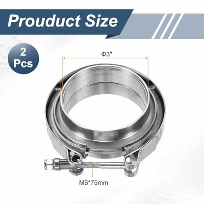 HARFINGTON 2pcs V Band Clamp with Flange 3 Inch 304 Stainless Steel Male Female V-Band Exhaust Clamp Flange Kit for Auto, Silver - size: 3 Inch