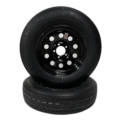 2-PACK ST205/75R15 TRAILQUEST RADIAL TRAILER TIRE ON RIM, LOAD RANGE C 6 PLY, ON 5 LUG BLACK MODULAR STYLE WHEEL WITH 5X4.5" BOLT PATTERN. REPLACES F78 OR D15 - INCLUDES WARRANTY