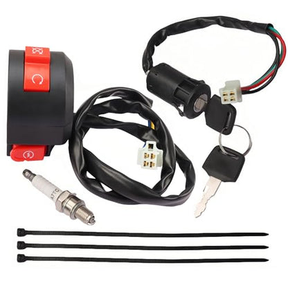 2 Function Left Starter Kill Switch 4-Wire Ignition Key Switch & A7TC Spark Plug Kit Fits 7/8" (22mm) Handlebars for 50cc 70cc 90cc 110cc 125cc ATV Quad Go Kart Dirt Bike TaoTao Coolster Sunl