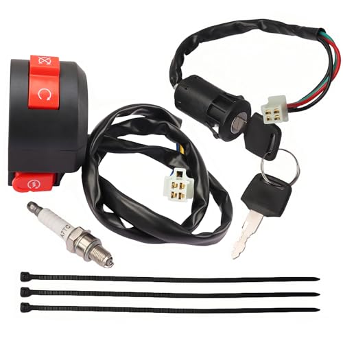 2 Function Left Starter Kill Switch 4-Wire Ignition Key Switch & A7TC Spark Plug Kit Fits 7/8" (22mm) Handlebars for 50cc 70cc 90cc 110cc 125cc ATV Quad Go Kart Dirt Bike TaoTao Coolster Sunl
