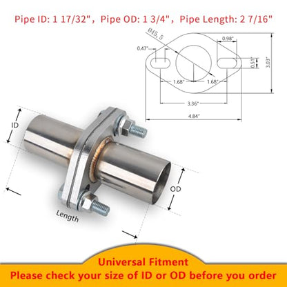 Exhaust Flange Bolts Quick Fix Repair Pipe Kit w/Gasket & Hardware, 1.75'' Inch OD 2 Bolts T304 Stainless Steel Universal Flange Replacement Kit - size: 1.75"OD-2 Bolts