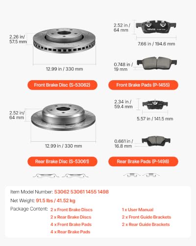 VEVOR Front & Rear Brake Kit Ceramic Brake Pads and Drilled Slotted Rotors - size: S-53062 + S-53061