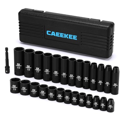 27PCS 3/8" Drive Metric Impact Socket Set,Deep and Shallow, 7mm to 19mm, 6-Point, Cr-V Steel, Includes Drill Socket Adapter