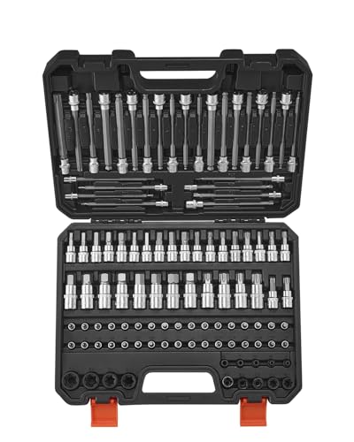 VEVOR Bit Socket Set, 107-Piece SAE and Metric, Hex/Torx/External Torx/Tamper-Proof/Extra Long, S2 Alloy Steel and Cr-V Steel, 1/4 in, 3/8 in, and 1/2 in Drives, with Enhanced Storage Case, Hand Use - size: 107 PCS