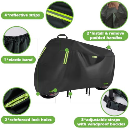 KALINCO Motorcycle Cover, 600D Waterproof Outdoor Motorcycle Cover, All Weather Rain Sun Snow Protection with Lock-Holes Motorcycle Tarp with Night Reflective Strips ＆ Storage Bag - size: XXXL