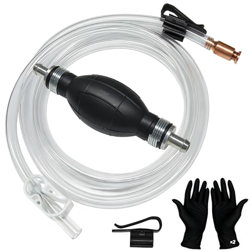 Fuel Transfer Pump, Gas Siphon Pump for Gasoline, Manual Hand Gasoline Transfer Pump for Fuel, Oil, Diesel, Water, Liquid, Fluid with 10 Ft PVC Siphon Hose, Brass, Pinch Clips and Gloves（15mm）