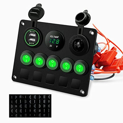 FXC 5 Gang Rocker Switch Panel with Dual USB Slot Socket 5V 4.2A + Cigarette Lighter + Voltmeter for Marine Boat Car Rv Vehicles Truck 12-24V Waterproof Blue LED (5B Green) - color: Green