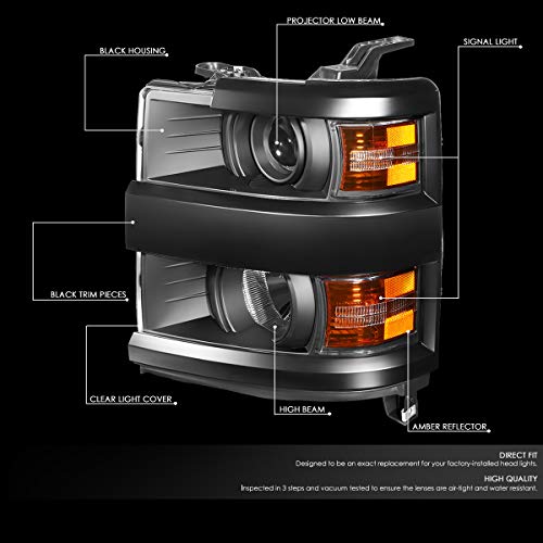 DNA MOTORING Black Amber Projector Headlights Compatible with 15-19 Chevy Silverado 2500 HD 3500 HD, HL-OH-CSIL15-BK-AM - color: Black Amber