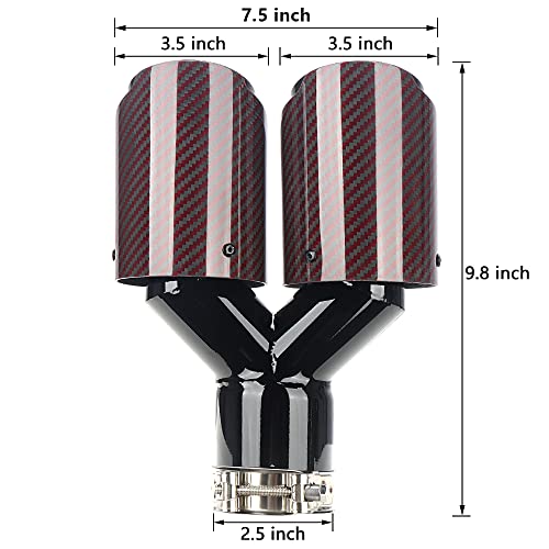 A-KARCK Carbon Fiber Exhaust Tip 2.5" Inlet to Dual 3.5" Outlet, High Temperature Resistance 9.8" Long Stainless Steel Tailpipe tip (Black Pipe and Red Shell)