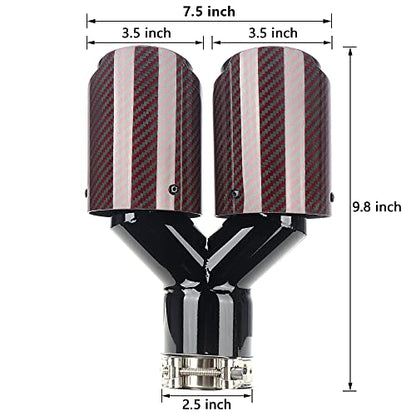 A-KARCK Carbon Fiber Exhaust Tip 2.5" Inlet to Dual 3.5" Outlet, High Temperature Resistance 9.8" Long Stainless Steel Tailpipe tip (Black Pipe and Red Shell)