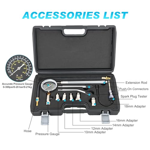 Nilight Compression Tester Kit, 11PCS 0-300 PSI Gauge with Spark Tester - color: 11pcs