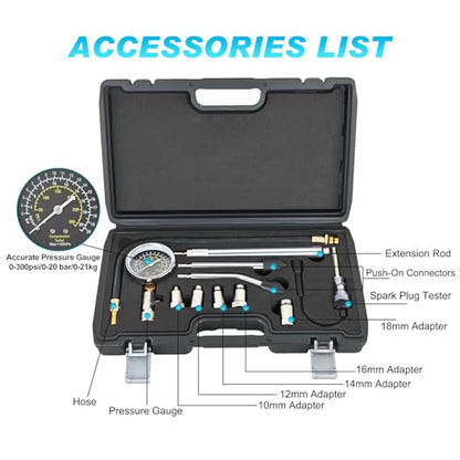 Nilight Compression Tester Kit, 11PCS 0-300 PSI Gauge with Spark Tester - color: 11pcs