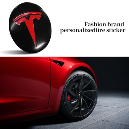 4 Pack Aluminum Waterproof Wheel Cover Center Emblem Sticker for Tesla Model 3 Model Y 56mm Hubcaps Wheel Rim Cover (Matte Black Background+Red Emblem) - color: Matte Black Background+Red Emblem
