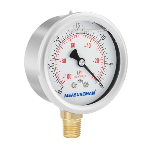 MEASUREMAN 2-1/2" dial,Glycerin Filled, Stainless Steel case, Brass Inside, 30inHg/-100kpa-0,1/4" NPT Lower Mount - size: -14.7-0 psi, style: Lower Mount