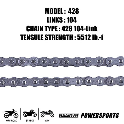 428H Motorcycle Chain+ Chain Breaker,104-links Heavy Duty Drive Chain - size: 104