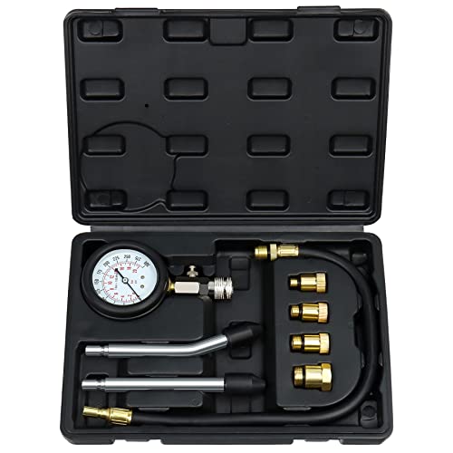 JoyFans 0-300 PSI Compression Tester Automotive Tool, Petrol Gas Engine Cylinder Pressure Test Kit with Gauge Adapter M10 M12 M14 M18 for Small Engine Cars Motorcycles Trucks SUVs Black