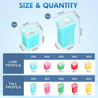 Nilight 30PCS Jcase Tall Low STD Profile Box Shaped Fuse Car Assortment Kit - color: 30PCS Jcase Box Fuses