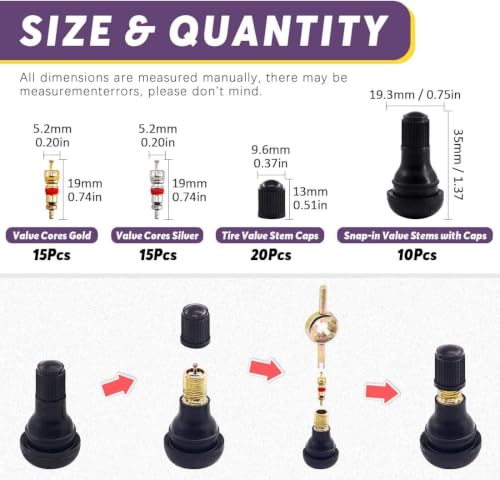 Swpeet 65Pcs Tire Valve Stem Tool Remover & Installation Set, Valve Caps Snap-in Valve Stems with Valve Stem Cores, Single and Dual Head Tire Valve Core Remover Tool, 4-Way Valve Tool for Most Cars