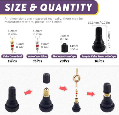 Swpeet 65Pcs Tire Valve Stem Tool Remover & Installation Set, Valve Caps Snap-in Valve Stems with Valve Stem Cores, Single and Dual Head Tire Valve Core Remover Tool, 4-Way Valve Tool for Most Cars